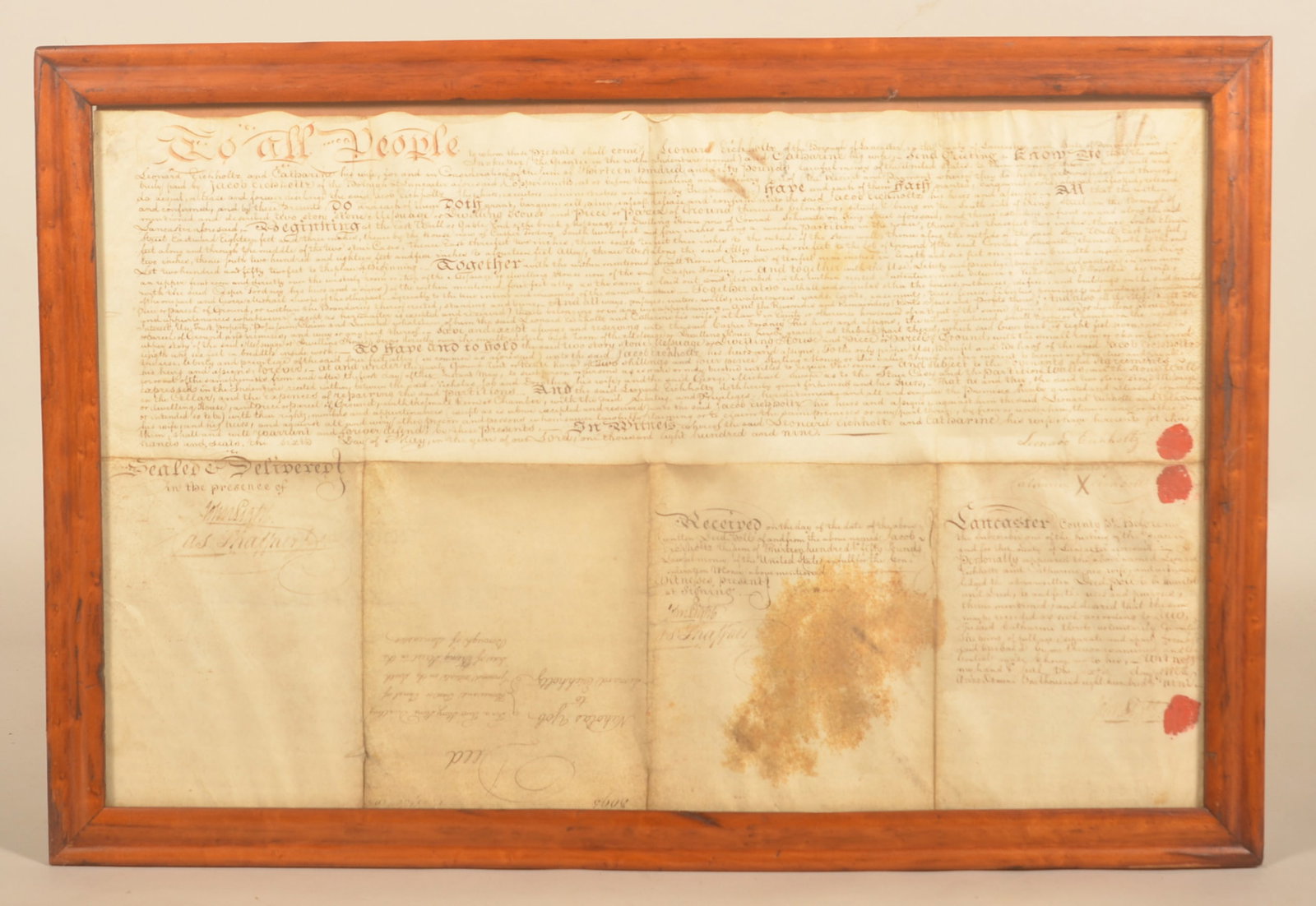 Historic Jacob Eichholtz 1809 Lancaster City Deed: Historic ink on vellum handwritten document, dated May 6th 1809, deeding a 2-story stone house on King Street from Leonard (1750-1817) and Catherine Eichholtz to their son Jacob Eichholtz. Jacob is no
