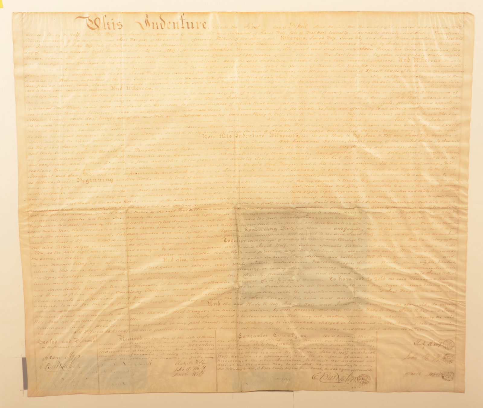 1862 West Earl Township Pennsylvania Indenture: Between Rudy, John and the late Jacob Wolf, transferring property and buildings. 21 1/4"H x 24 1/2"W