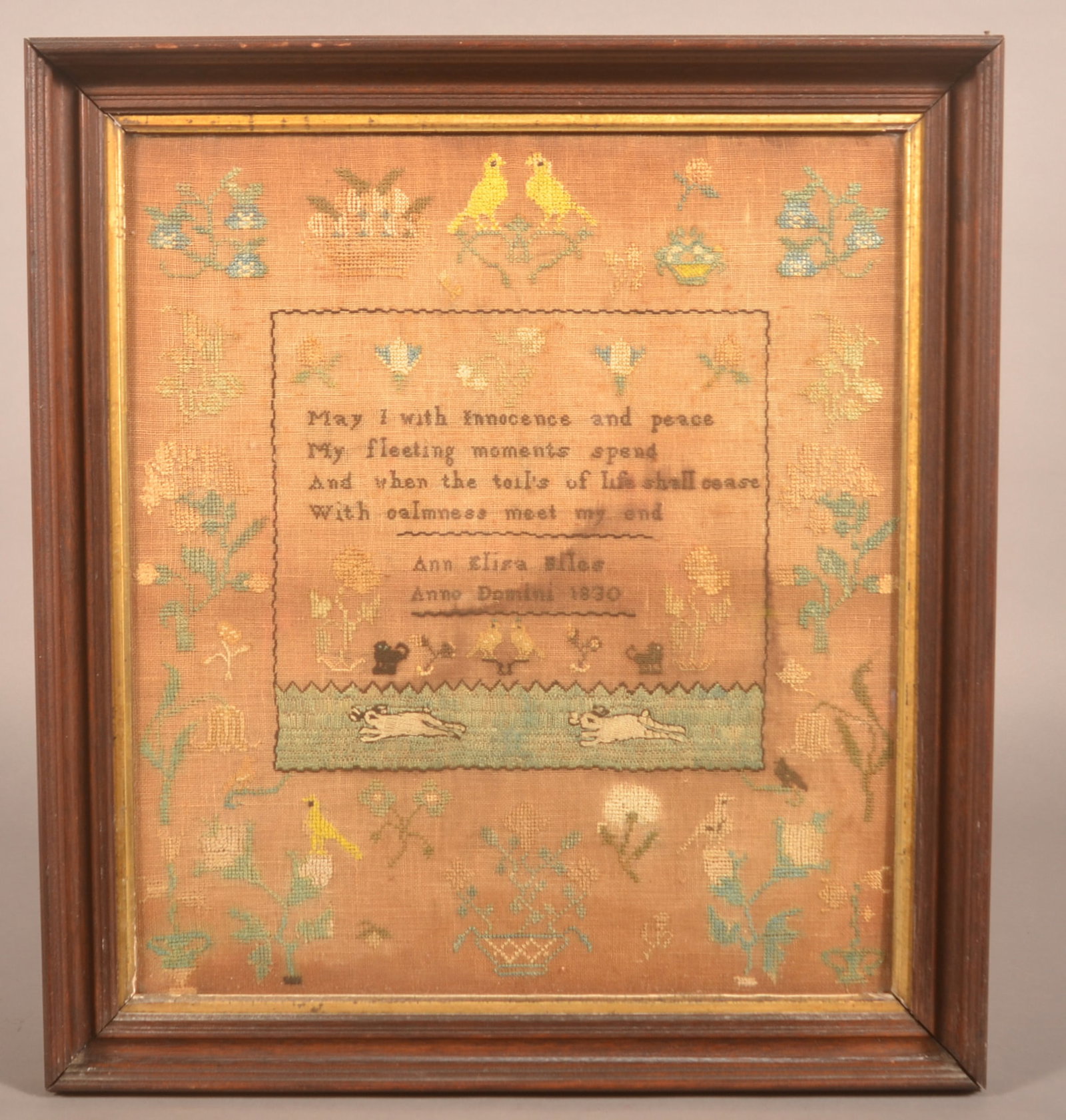 1830 Ann Eliza Biles Birds & Rabbits Sampler (1 of 6)