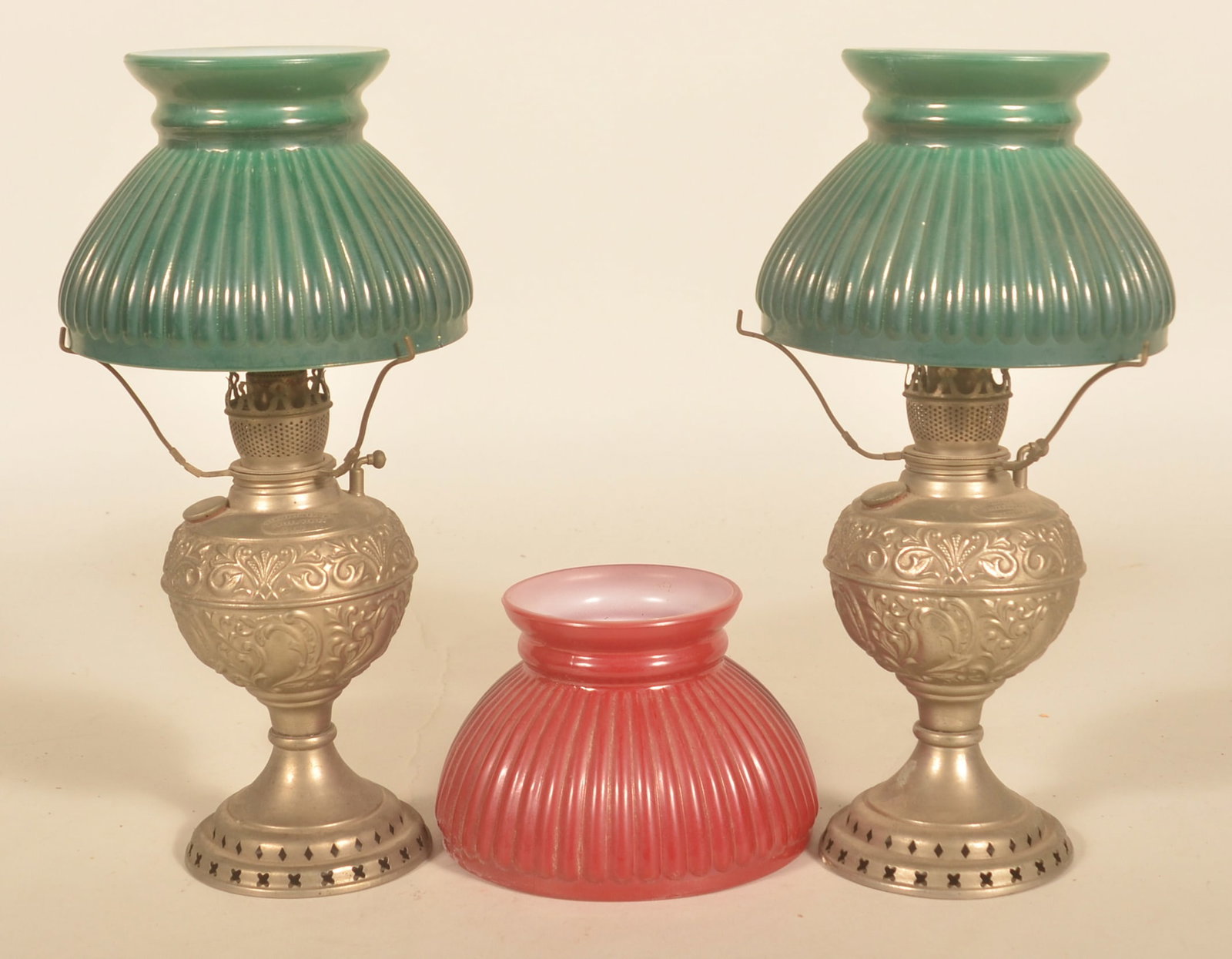 Pair Embossed Nickel-Plated Small Oil Lamps (1 of 5)