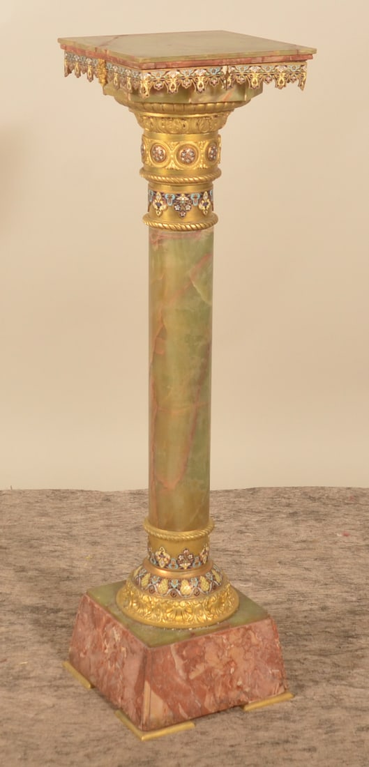 Beautiful Marble Egyptian-Style Plant Stand: Wonderful, exotic colors and surface. Marble and metal highlights. 2-piece. 20th century. 43"H x 11 1/4"W x 11 1/2"D