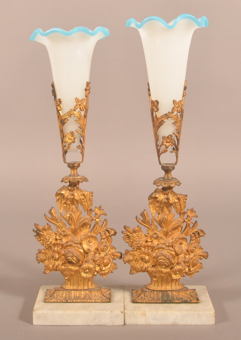 Art Glass/Cast Flower Baskets w/ Marble Base Vases (1 of 4)