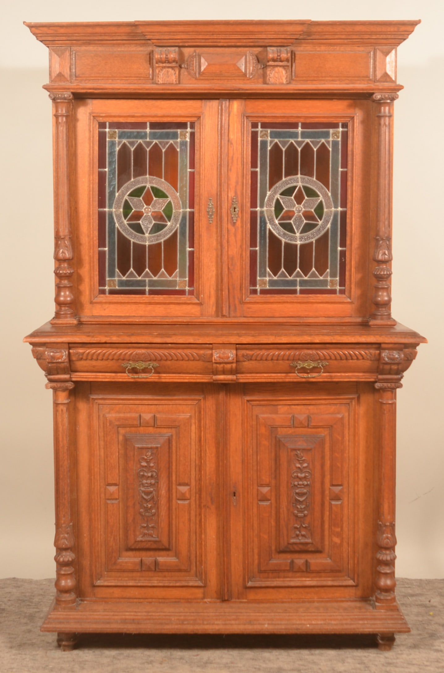 Jacobean Oak Court Cupboard w/ Stained Glass (1 of 6)