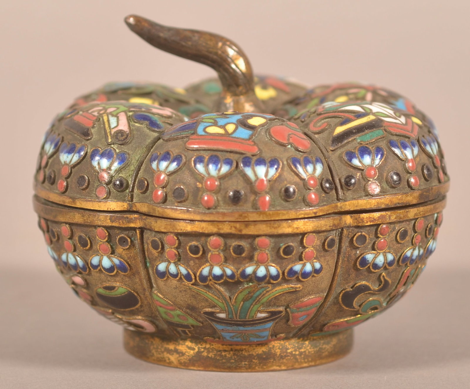 Chinese Cloisonne Covered Box: 20th century, bright colors and nicely executed. 3"H x 3 1/2"D