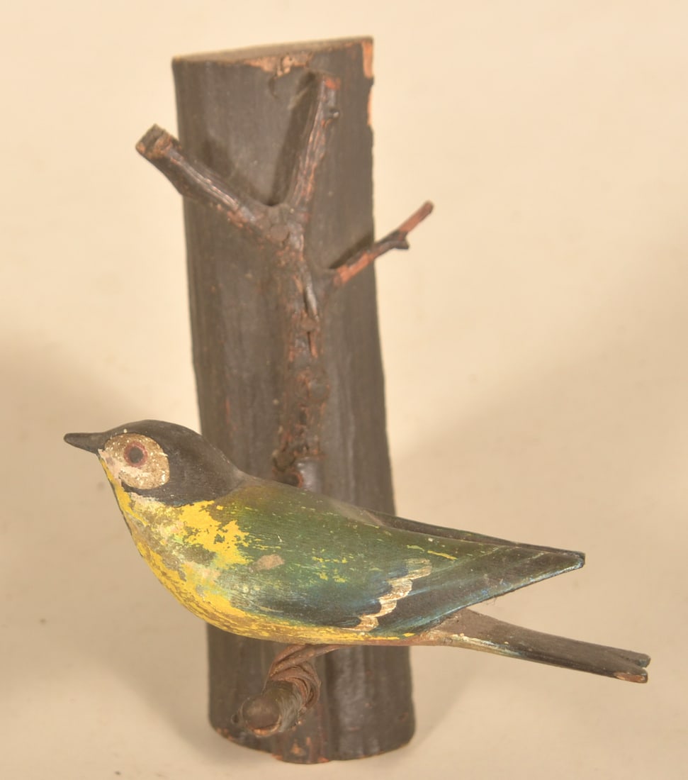 Carved Wood Polychrome-Painted Bird on Branch: Early 20th century German carved bird on hanging branch. Nice painted detail. 5 3/4"H x 5"D