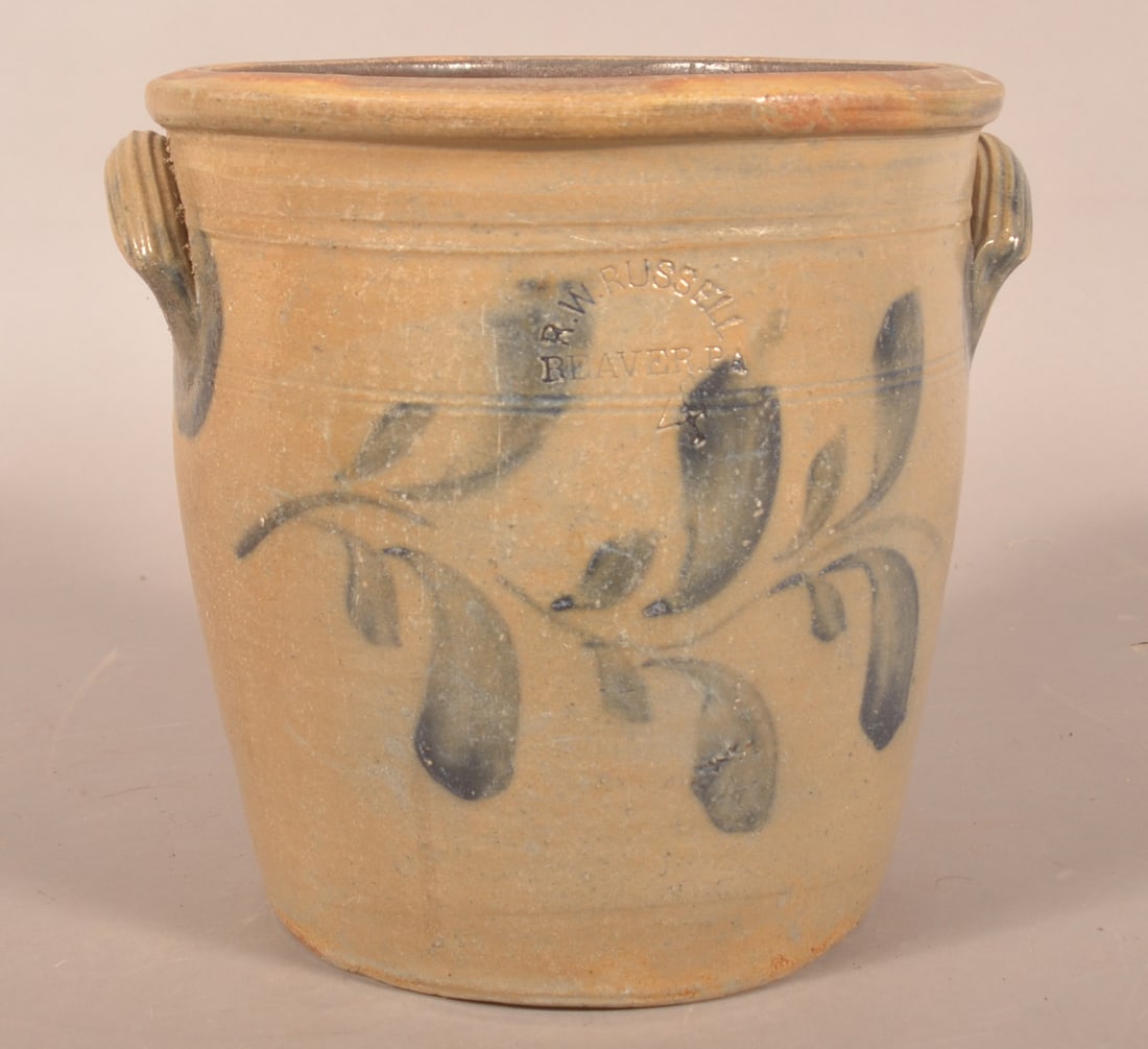 Freehand-Decorated R.W. Russell, Beaver, PA Crock: 4-gallon impressed Western PA stoneware storage jar made by Ralph W. Russell. Freehand vining decoration. Civil War period. 12"H