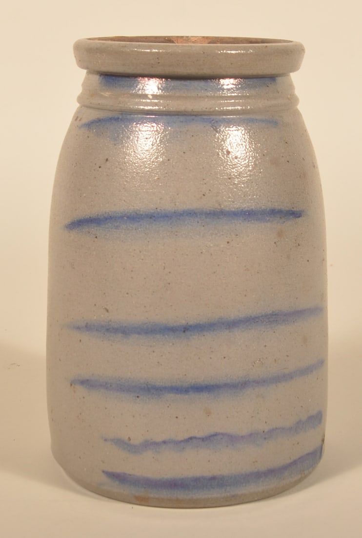 7 Freehand Stripes Stoneware Wax Sealer Western PA: Greensboro, PA origin. 1865-1875. 7 crisp, freehand stripes. 10"H