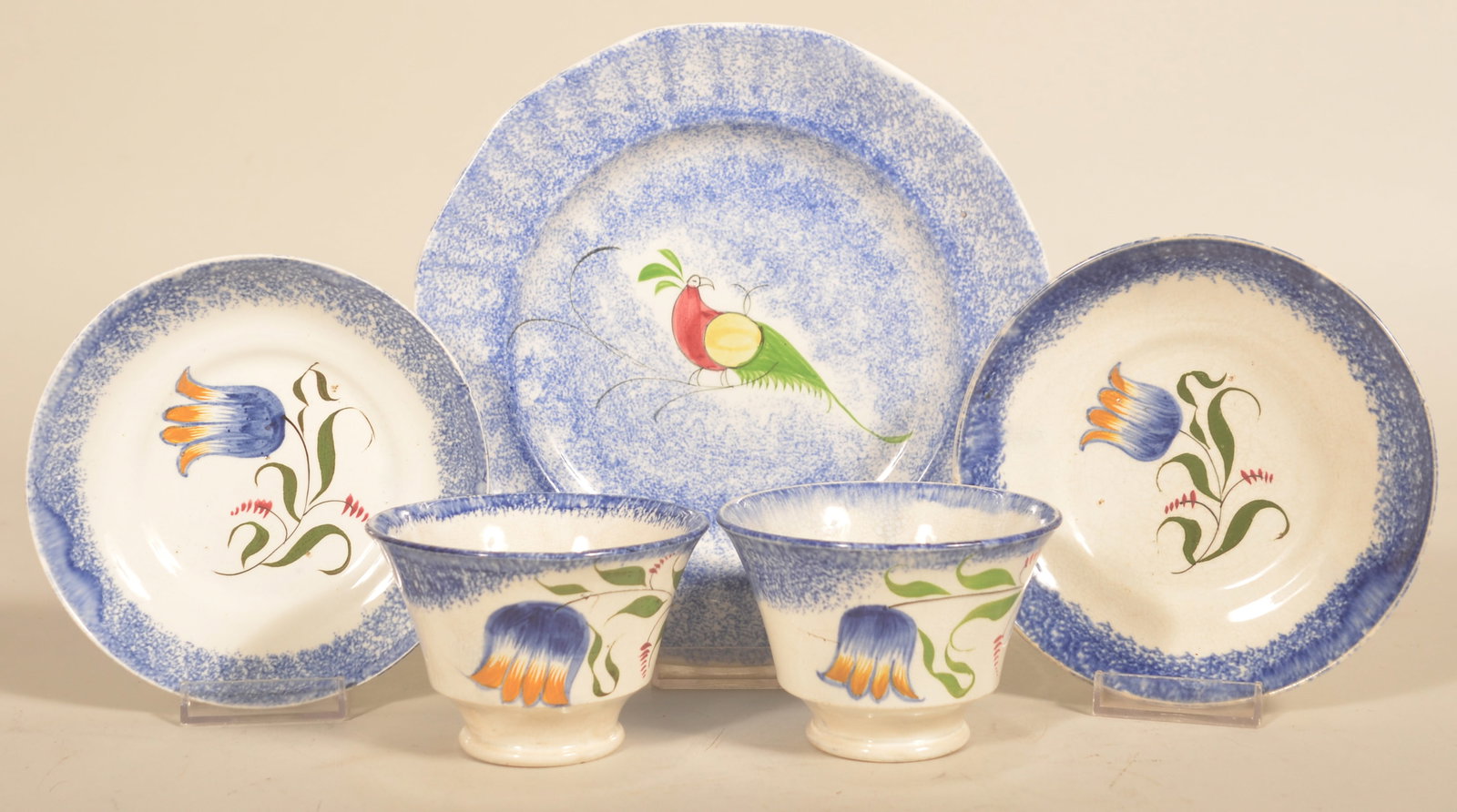 Antique Tulip Spatterware Cups, Saucers & Peafowl: 2 matching handleless cups and saucers with tulip decoration and an 8 1/2" plate with peafowl decoration. Plate, 8 1/2"