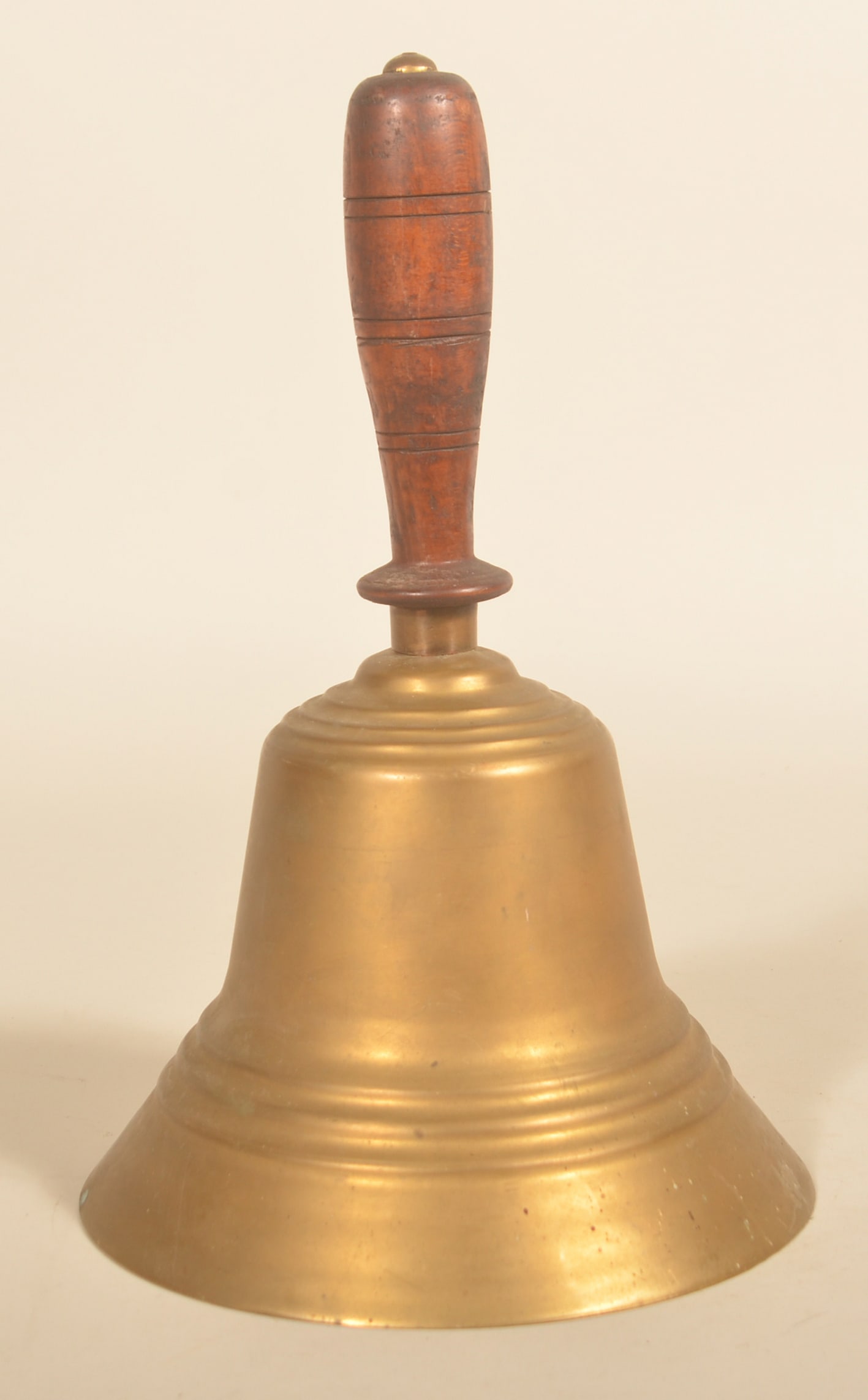 Oversize Antique Brass School Railroad Bell: Mid-19th century cast brass bell with turned wood handle. Great patina and wear. 14"H