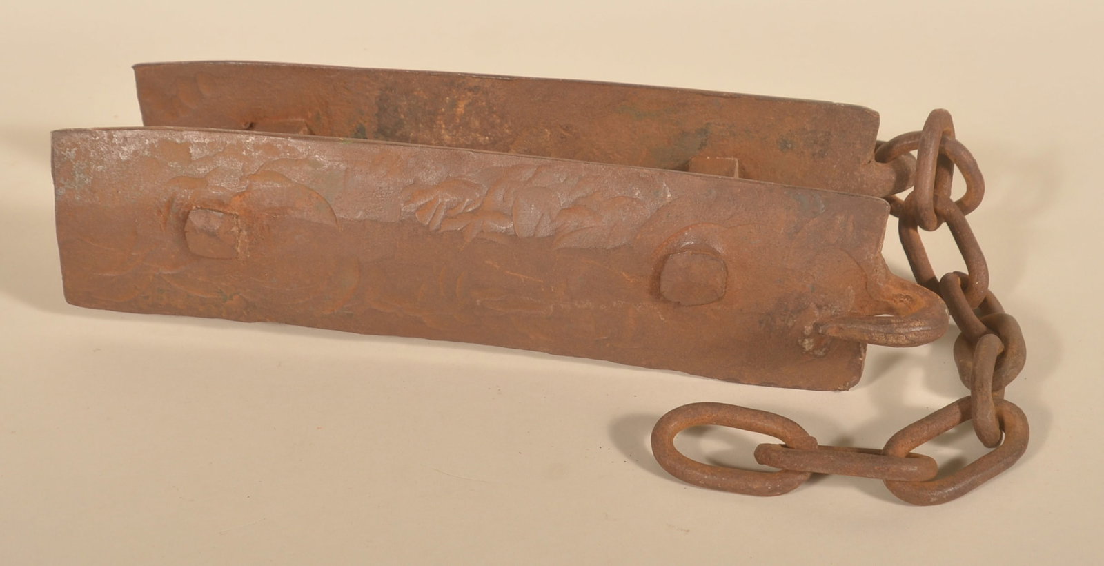 19th C. Conestoga Wagon Ice Cutter: An uncommon wrought iron implement used in the 18th/19th century. 15"L (without chain) x 4 1/2"W