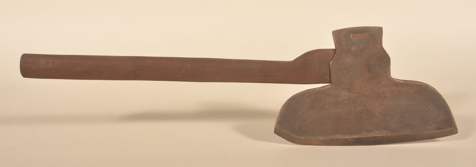 Dawson Yake Signed Lebanon Co., PA Broad Axe: Dawson Joseph Yake (1867-1948) from Annville, Lebanon County, Pennsylvania. Listed as a blacksmith. Broad axe with deep strike "D.Yake". Carved oak handle has been oiled at some point. 28"L