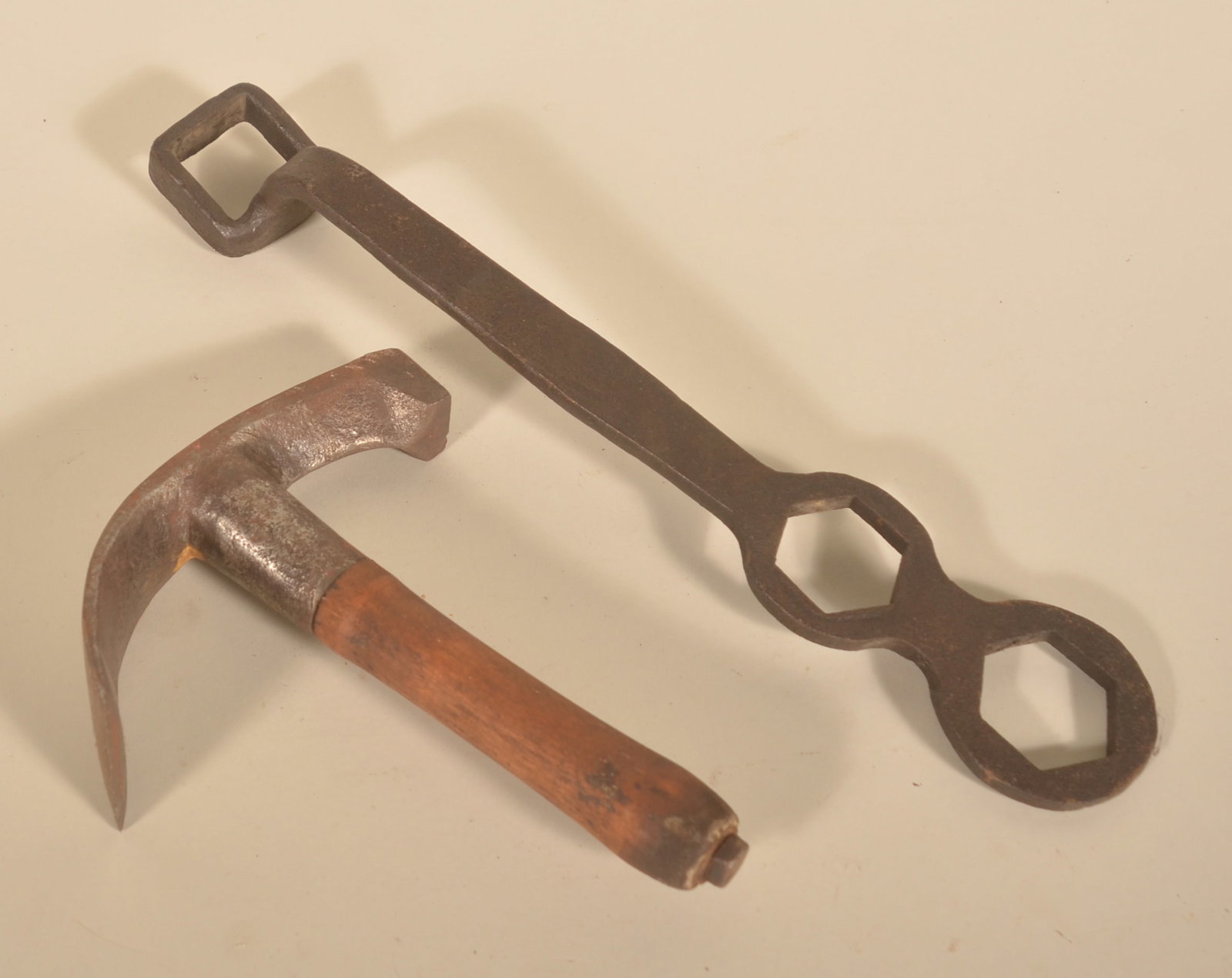 Cooper's Round Adze & 19th C. Wagon Wheel Wrench (1 of 2)