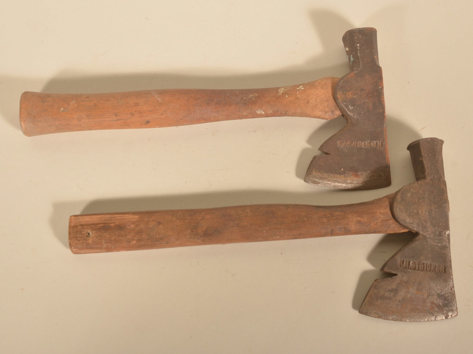 Pair H.H. Stricker Berks County, PA Hand Axes: Both with nice deep strikes. Stricker was a blacksmith working in the late 19th century in Vinemount, Spring Township. 13 3/4"L