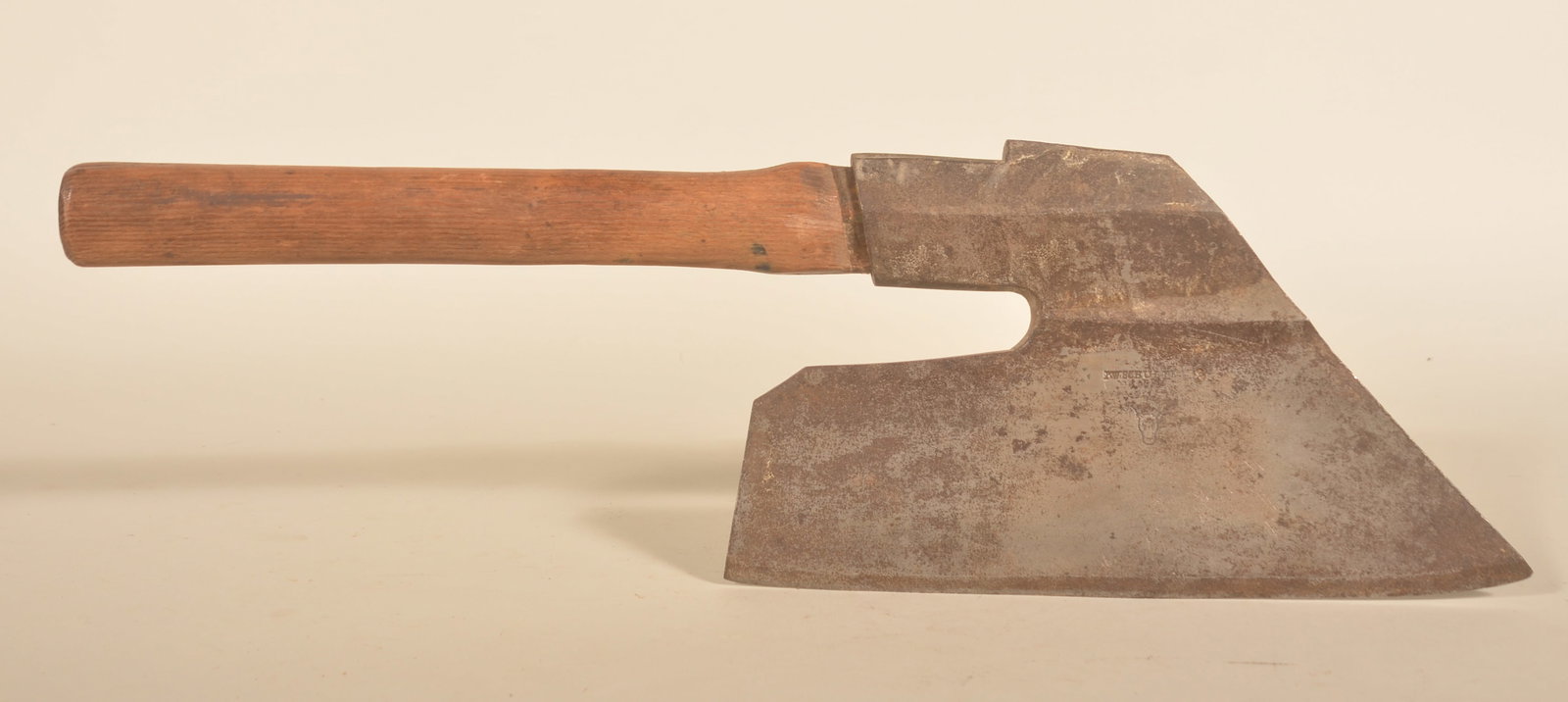 Stamped W. Schulte Goosewing Axe: Stamped "W.Schulte" flanked by rosettes with a bull's head below the stamp. 19th century, Pennsylvania. Found in Lancaster County. 24"L