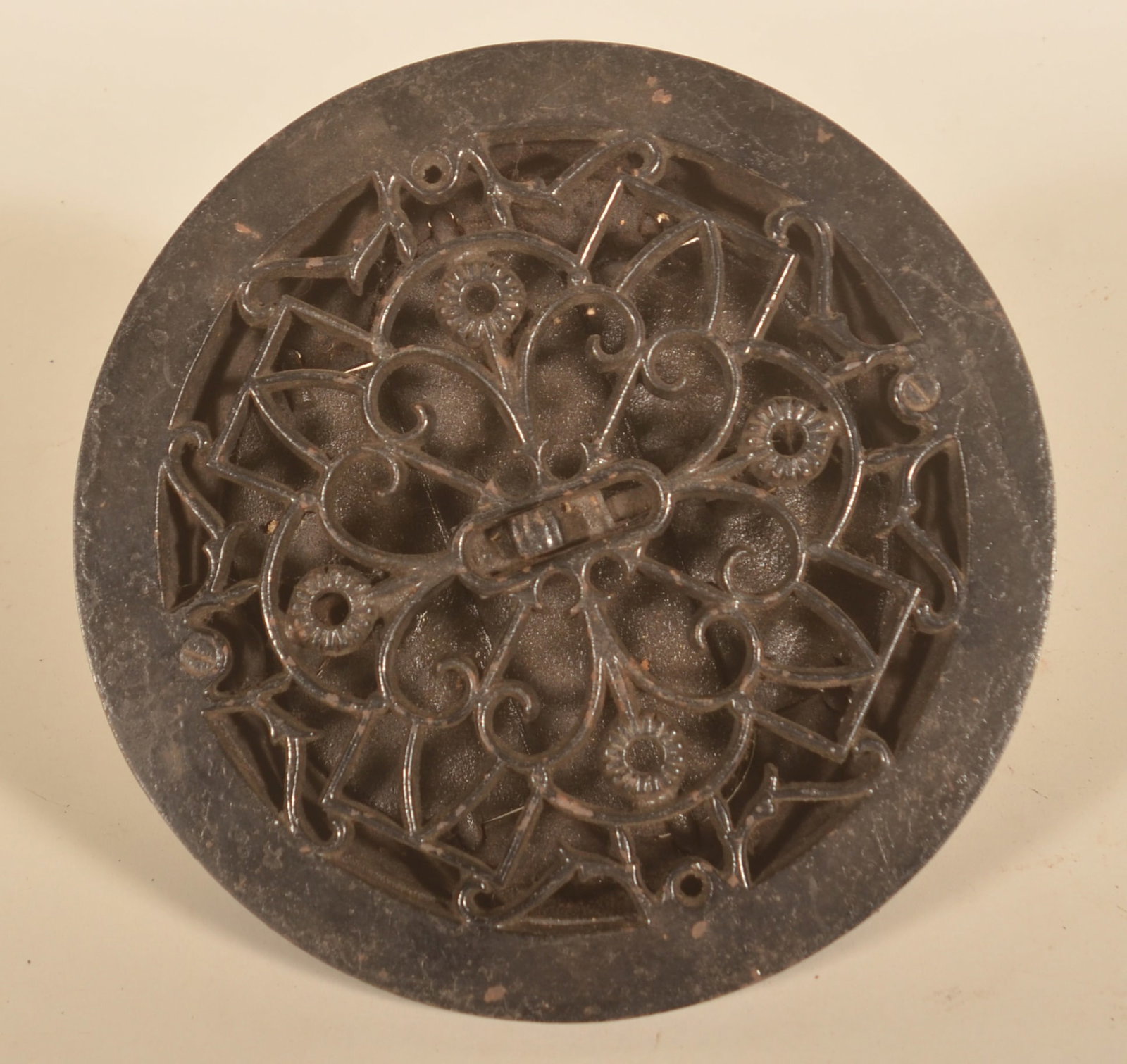 Cast Iron Heart Design Round Heat Grate: Marked on back "Patented Sept 7 1875 Tuttle & Bailey MFG Co New York". 10 1/2"D