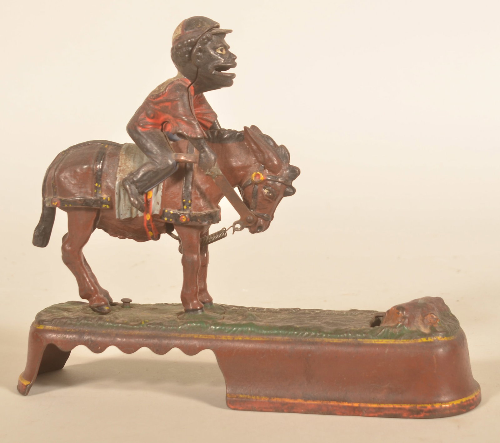 Stevens "Always Did' Spise A Mule" Mechanical Bank: Jockey on horse variation is complete. 8"H x 9 3/4"W