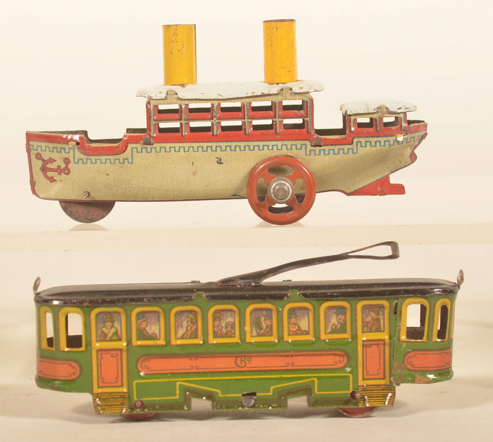 Antique German Tin Penny Toy Steamboat & Trolley (1 of 4)