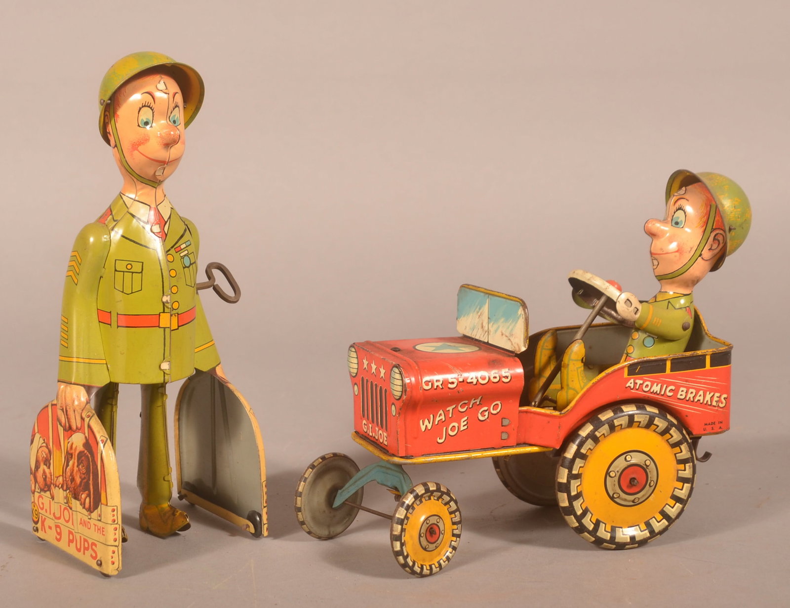 Unique Art Co. GI Joe w/ Pups and Bouncing Jeep: Both pre WWII tin litho toys made by Unique Art Mfg. Co. Great colors and themes. Both in working condition. Jeep, 7"H x 7"L