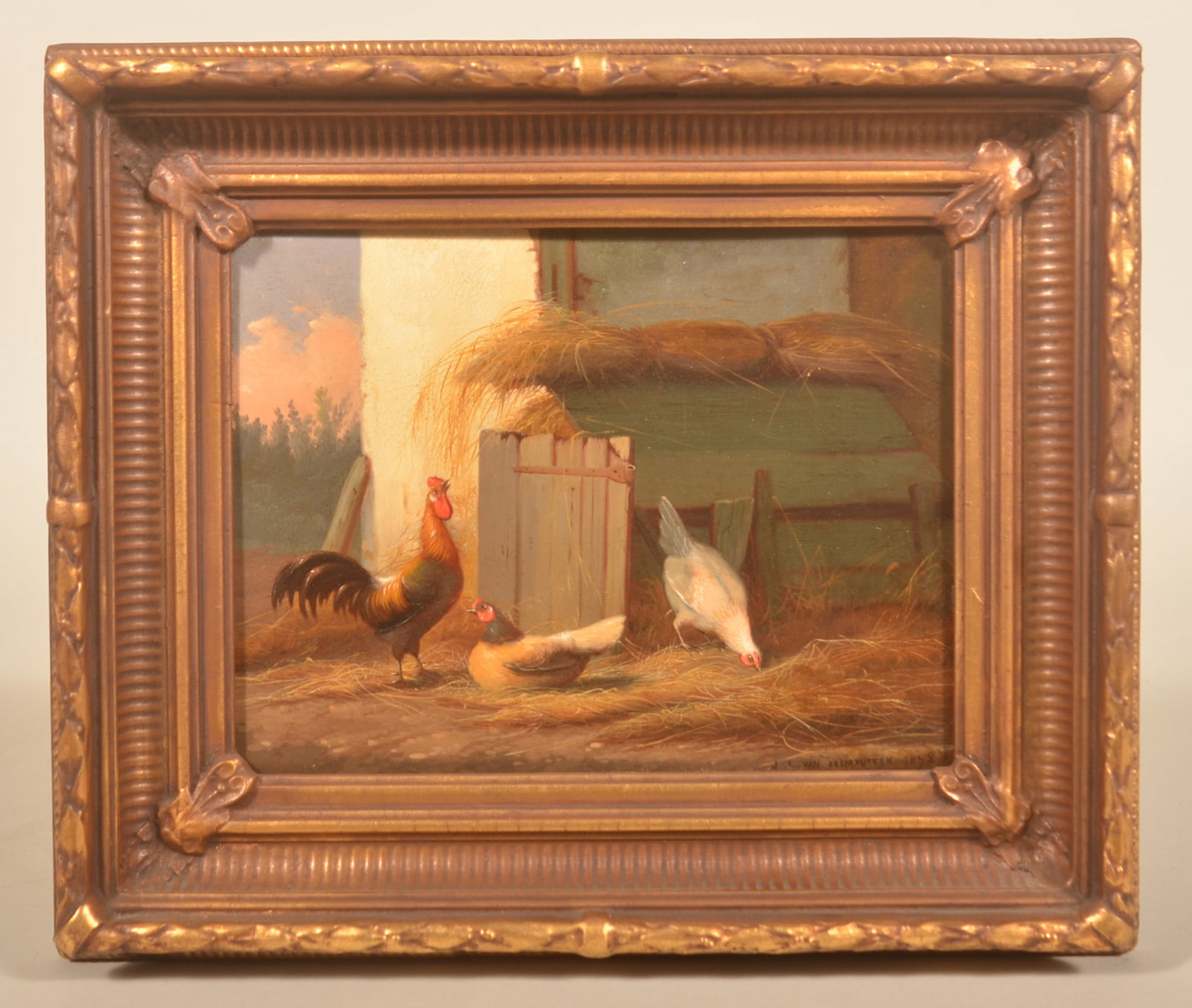 J.L. Van Leemputten Belgian Oil on Board Painting: Jef Louis Van Leemputten (1840-1910) Belgian artist. Beautiful, small oil on board painting of a barnyard scene featuring a rooster and chickens. Signed and dated 1872 in lower right. In a period fram