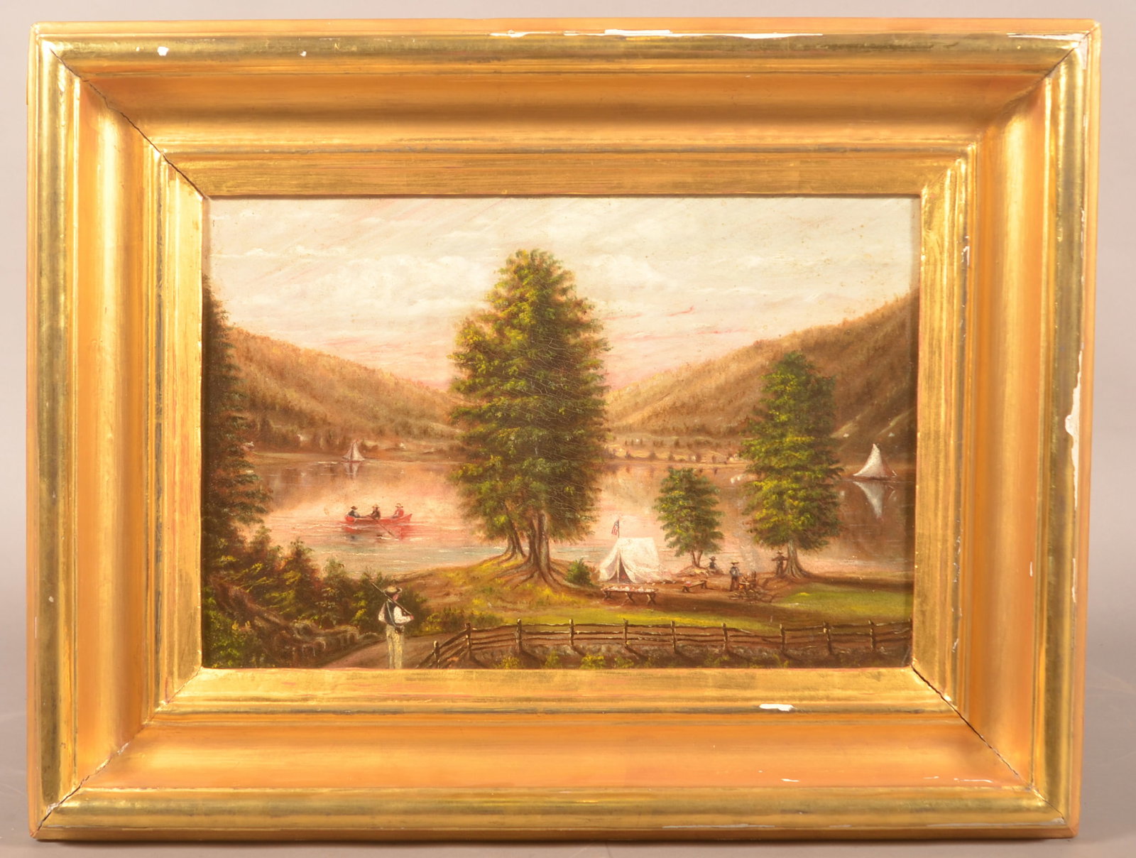 Excellent Patriotic American 19th C. Oil Painting: Beautiful folk art oil on canvas depicting a 1850s-style militia or military camp scene situated on the banks of a small lake complete with an armed guard taking in the view, soldiers at work in the c