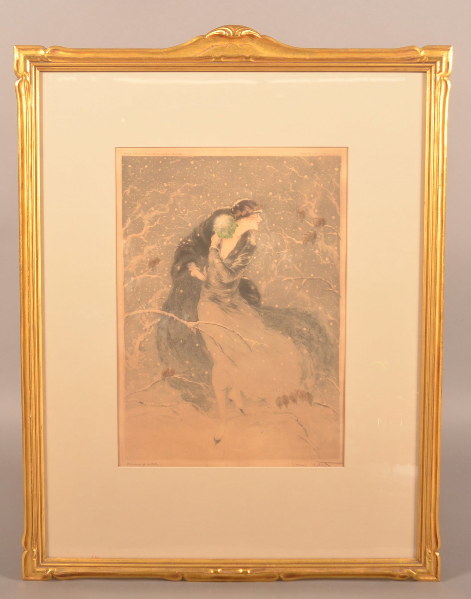 Louis Icart 1924 Aquatint Print "Winter Bouquet": French (1888-1950). Signed in pencil lower right, etching/aquatint print by the iconic artist, illustrator and graphic artist. Very nice gilt art deco frame. 30 3/4"H x 20 3/4"W (overall)