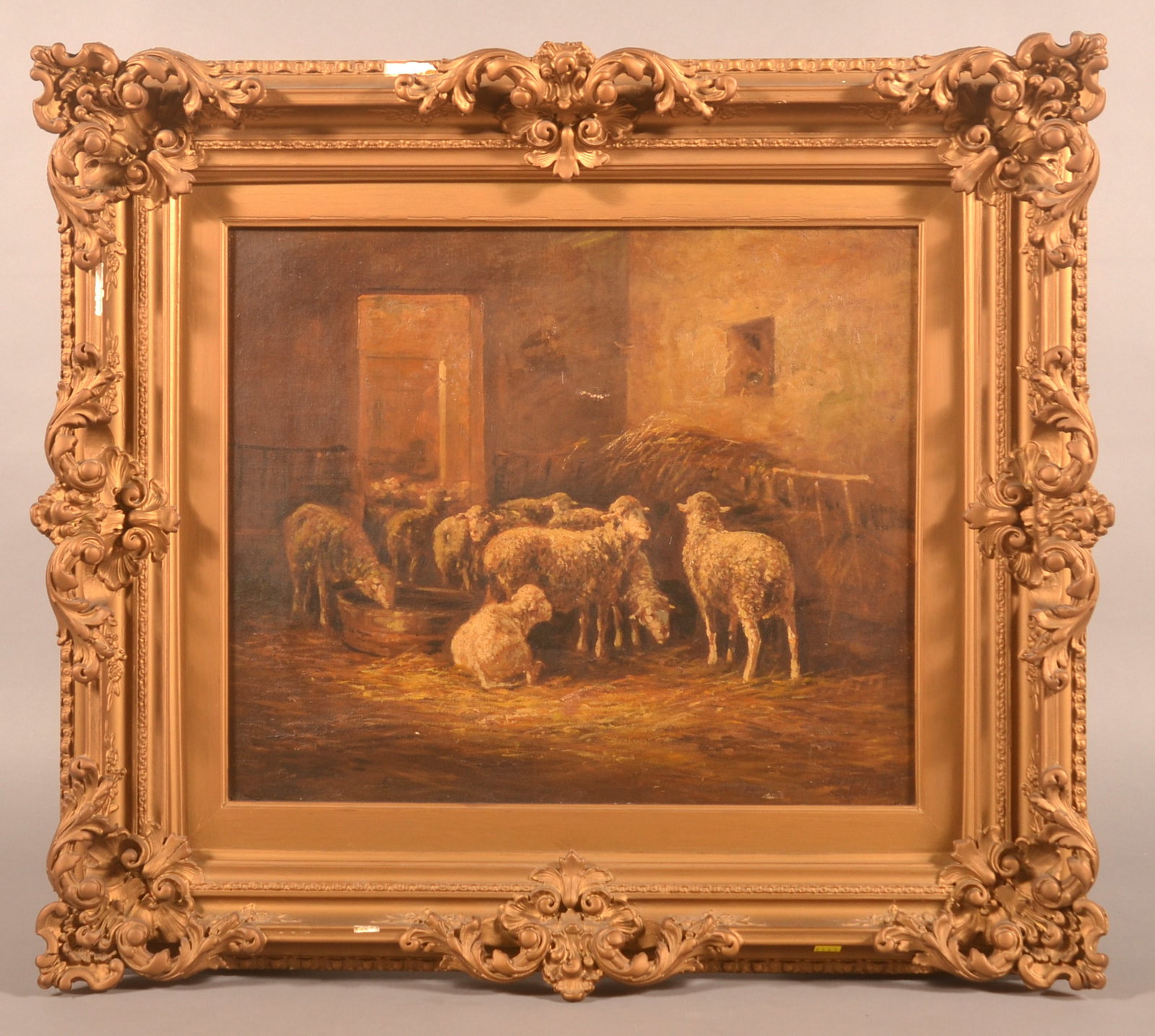 19th C. Oil on Canvas Sheep Feeding At The Trough: Illegible signature in bottom right corner. Nice farm scene in an ornate frame. Most likely European. 28 1/2"H x 31 1/2"W (overall)
