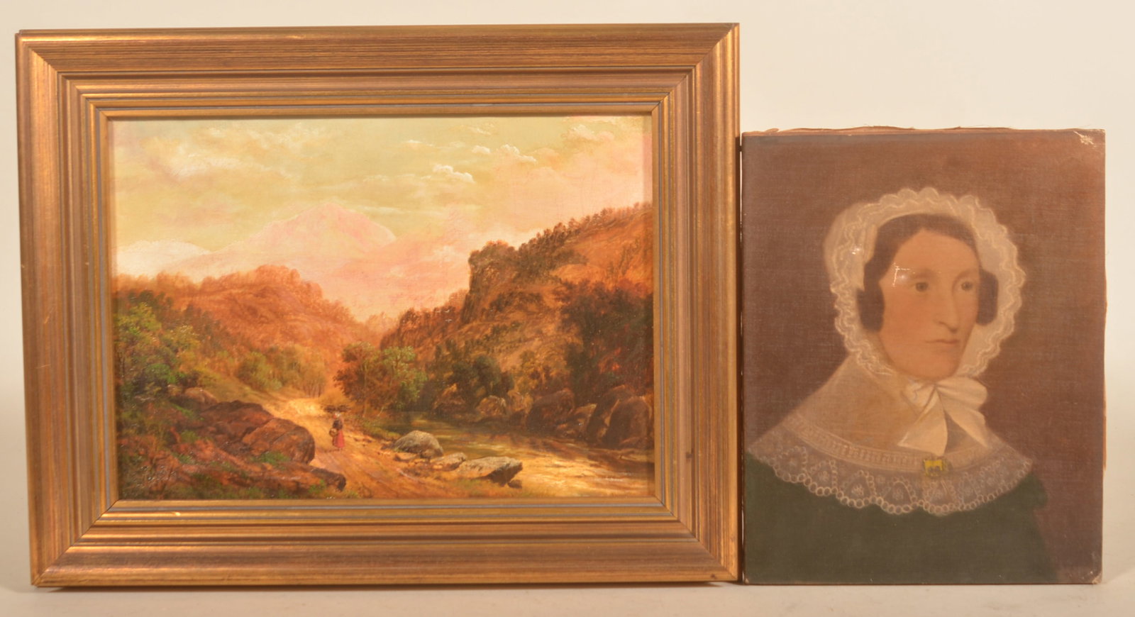 19th C. Oil on Canvas Portrait and Landscape Scene: Bust view on canvas, no frame, signed on stretcher with many notations including "copied from a (?) photograph by L.L. Quta" and "H. Willheim born Jan 1809". Oil on canvas of river valley with woman w