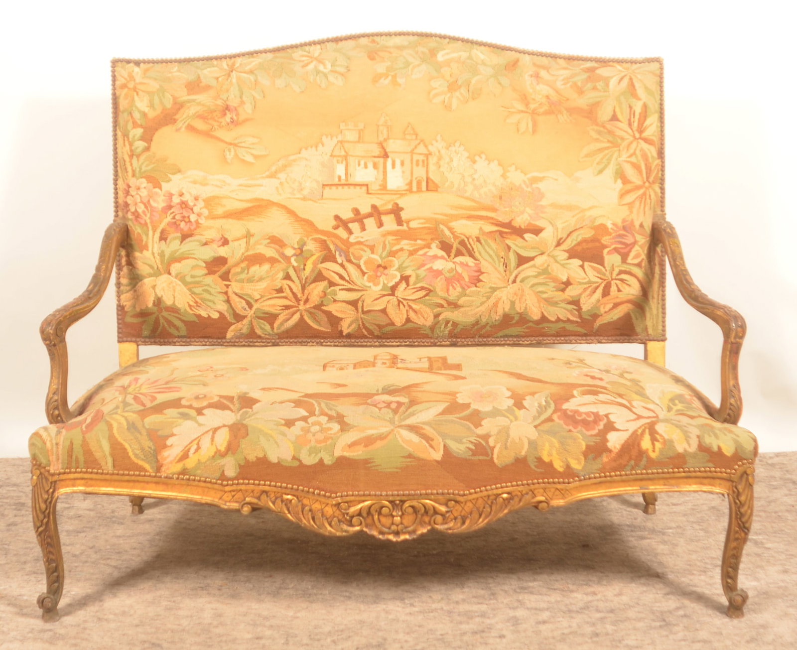 French Louis XV-Style Giltwood & Tapestry Settee (1 of 8)