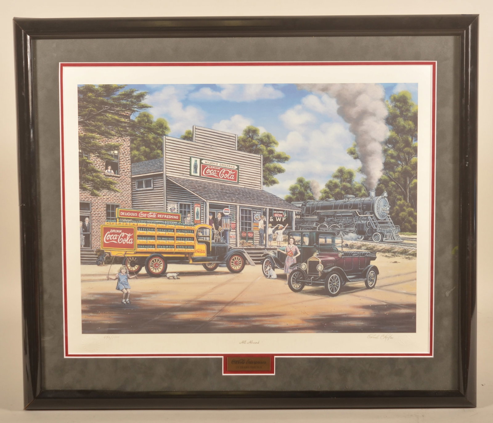 1996 Coca-Cola Limited Edition Print "All Aboard": Artist signed in pencil and numbered 646/1500. Framed with double mat and engraved plaque "Coca-Cola Enterprises 25 Years Service". 27 1/2"H x 31 1/2"W with frame