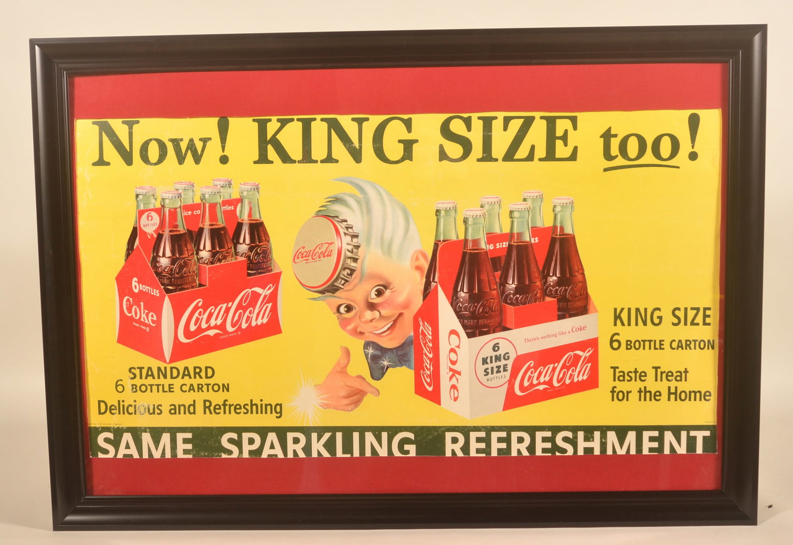 1955 Sprite Boy Coca-Cola Paper Poster: Crudely matted and framed under plexiglass. Vibrant colors. 27"H x 39"W with frame
