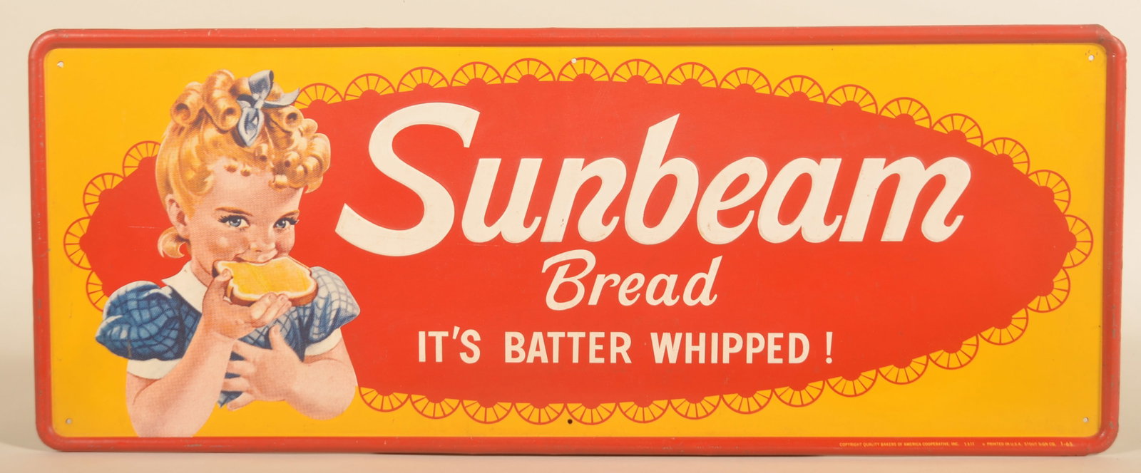 Sunbeam Bread Self-Framed SST Embossed Sign: Good colors, marked along lower right edge and dated 1965. 11 3/4"H x 29 3/4"W