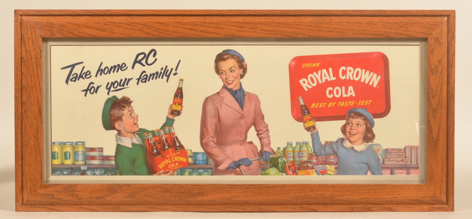 Drink Royal Crown Cola Framed Cardboard Sign: Bright colors and attractive appearance. Good Housekeeping stamp of approval in lower right. Housed in a period oak frame. 14 1/4"H x 31 1/4"W with frame