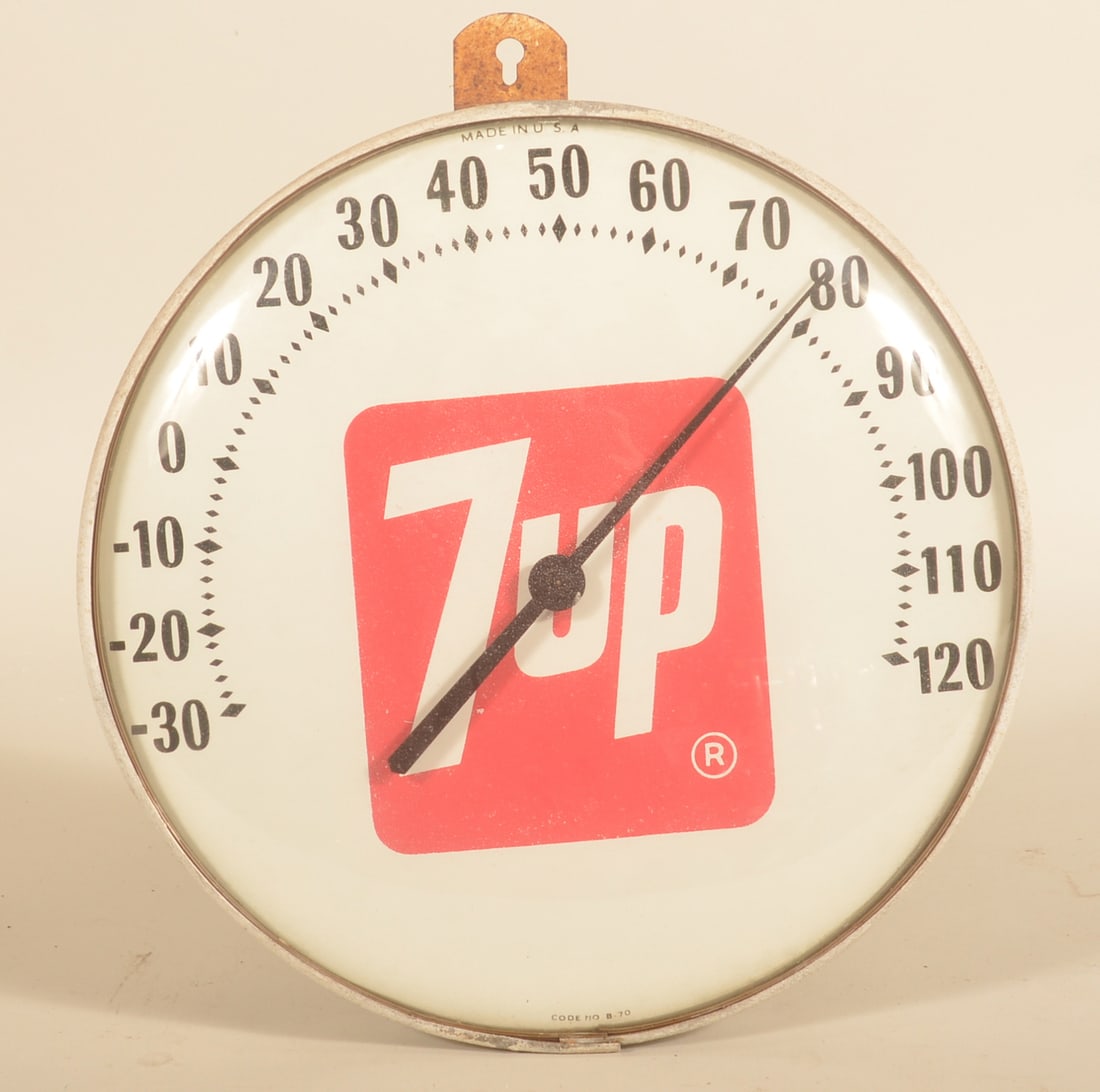 7up Round Advertising Thermometer: 1970 working thermometer. 12 1/4"D