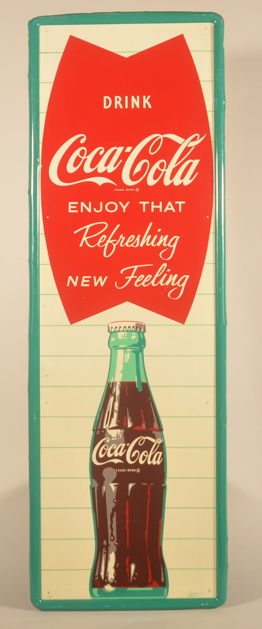 SST Drink Coca-Cola "Enjoy That New Feeling" Sign: Vertical fishtail sign marked Robertson, Made in USA. AGS sticker on reverse. 53 1/2"H x 17 1/2"W