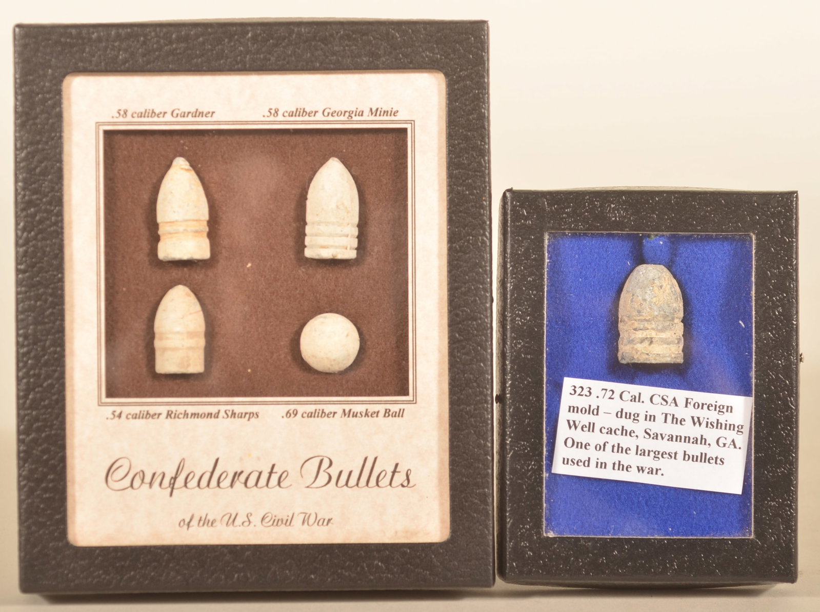 Confederate Civil War Dug Bullets: .72 cal. European import round, dug in The Wishing Well cache in Savannah, GA. Riker display of four rounds including a .58 cal. Gardiner, .58 cal. Georgia Minie, .54 cal. Richmond Sharps and .69 cal.