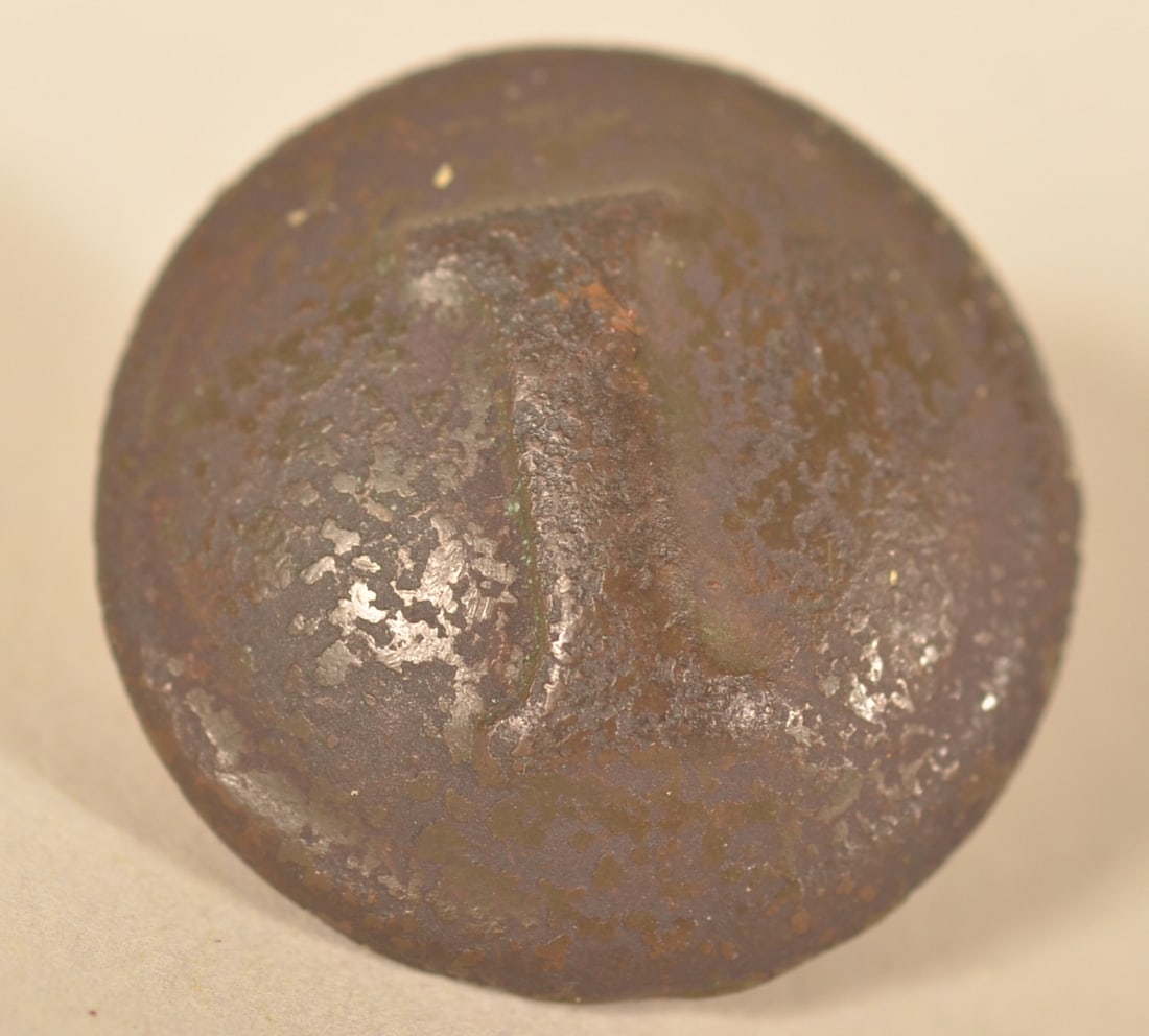 CSA Block "I" Infantry Button Kennesaw Mountain: Brass button dug by Mike Huey and purchased from Army of TN Relics. 2-piece construction with intact shank on reverse. Provenance: The collection of Craig and Cynthia Wertz. 7/8"D