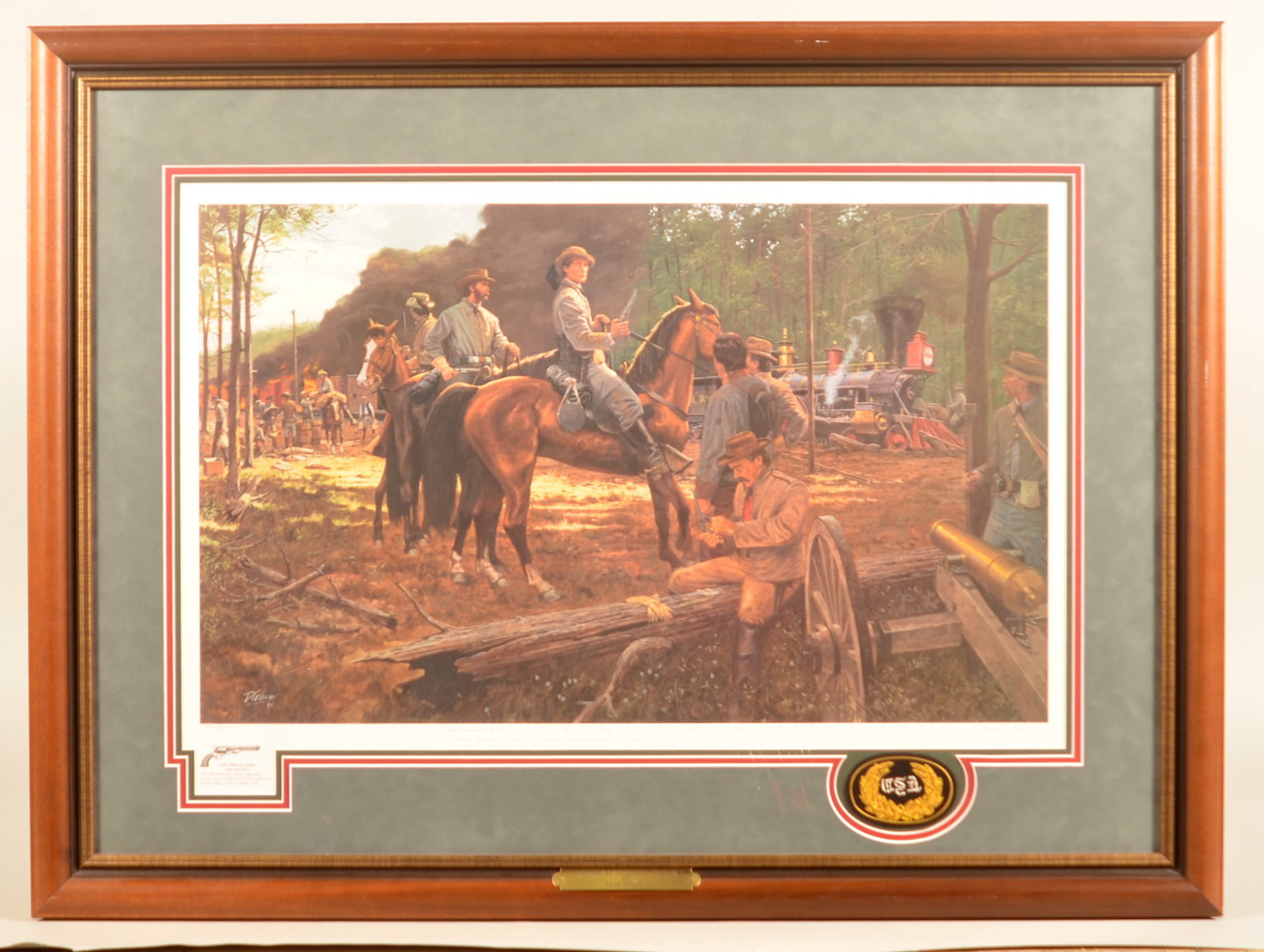 Gallon Print "Overdue at Catlett's Station": 1994 print numbered 651/950 depicting a raid by Mosby and his men on a Union supply train in May 1863. COA attached to backing. Provenance: The collection of Craig and Cynthia Wertz. 27 1/2"H x 36