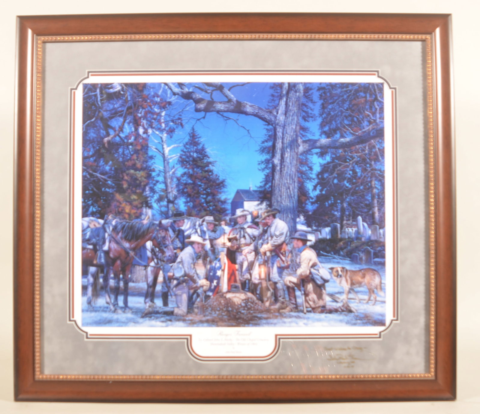 Strain Numbered Civil War Print "Ranger Farewell": John Paul Strain framed print with COA, titled "Ranger Farewell". Depicts Mosby and his men burying a member of their regiment. Triple matted and professionally framed. Numbered 22/350. Signed on glas