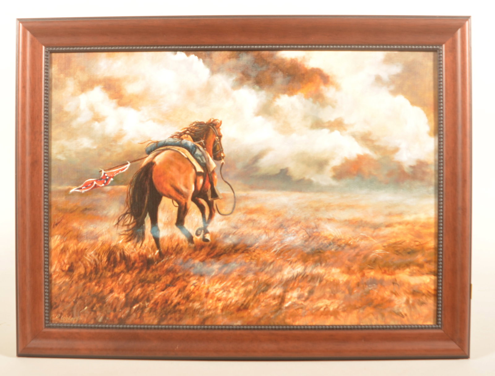 Phillip Wikoff "Fleeing The Range" Studio Canvas: Numbered 31/200 with COA and signed in lower left corner. Somber view of a riderless horse with the Stars and Bars falling off. Provenance: The collection of Craig and Cynthia Wertz. 17 1/4"H x 23"W