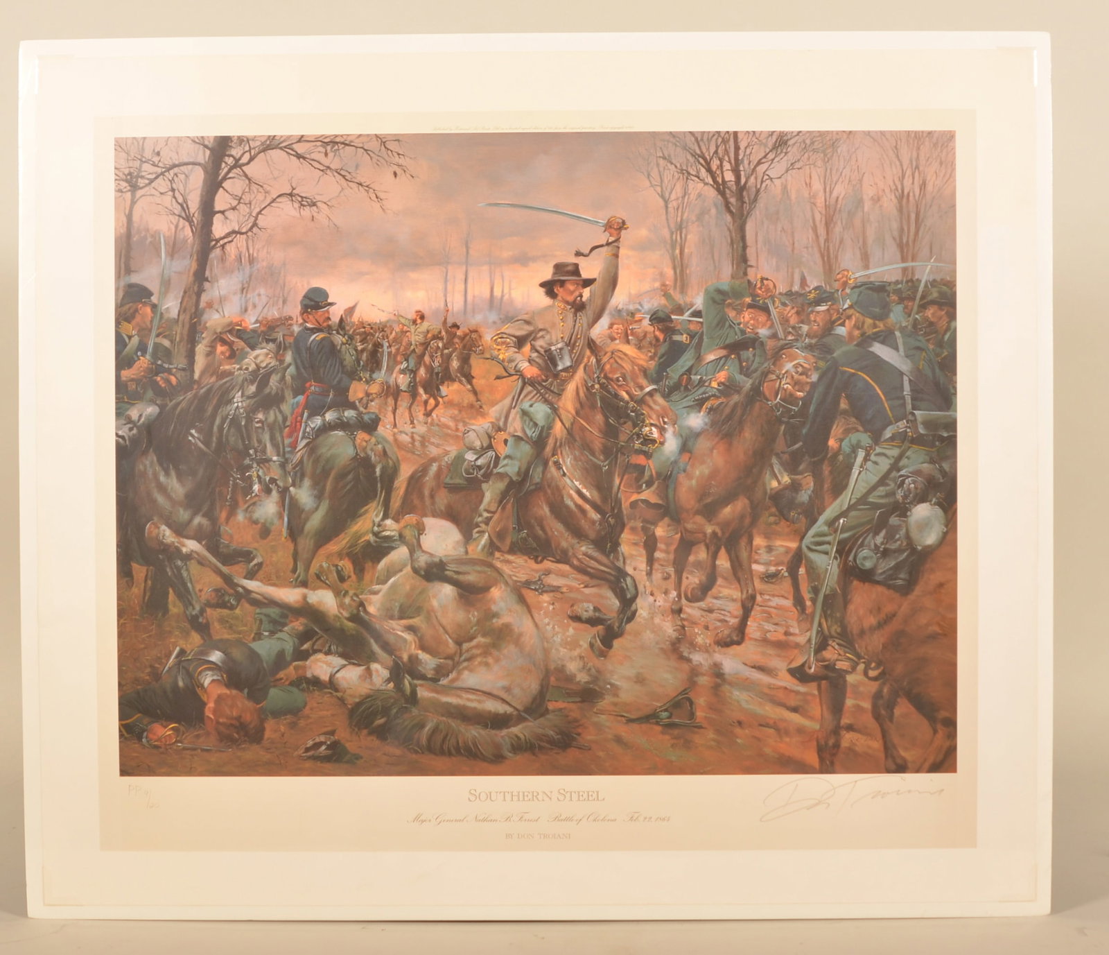 Signed Troiani "Southern Steel" N.B. Forest Print: Unframed print numbered 9/20 featuring Forest at the Battle of Okolona (Mississippi). Provenance: The collection of Craig and Cynthia Wertz. 25 1/2"H x 28"W