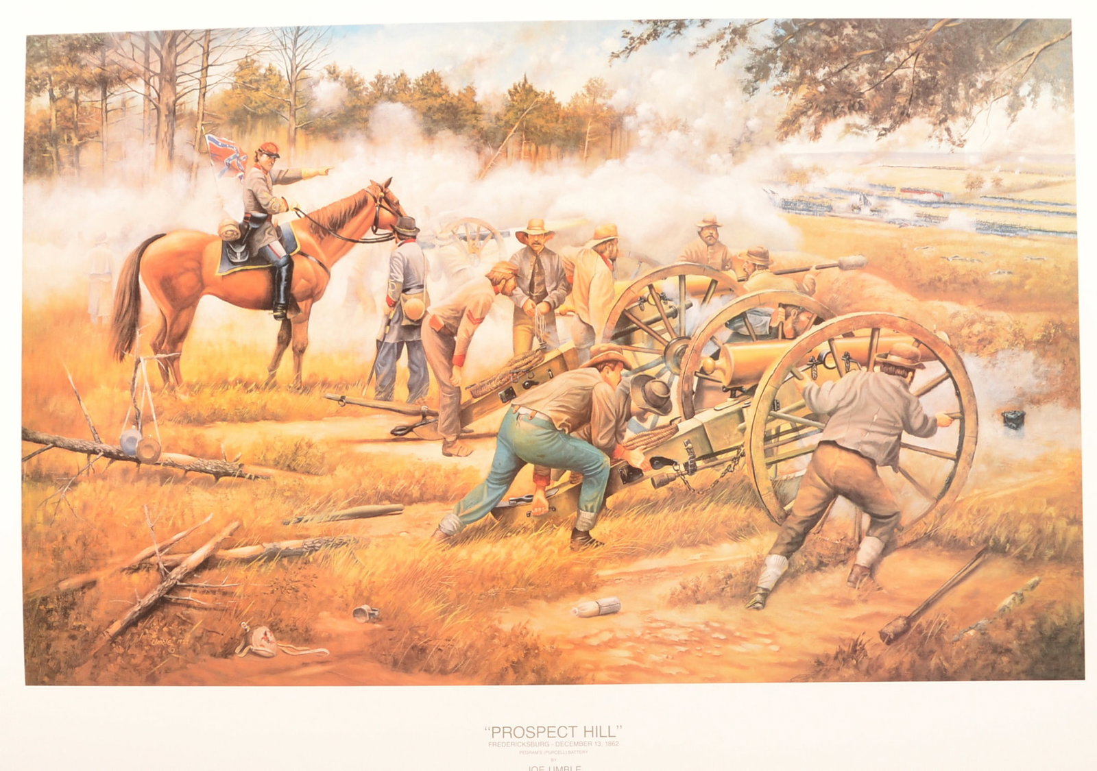 Joe Umble Civil War Print "Prospect Hill": 1987 print depicting Pegram's Battery at Fredericksburg, Va on December 13, 1862. Provenance: The collection of Craig and Cynthia Wertz. 22"H x 30"W