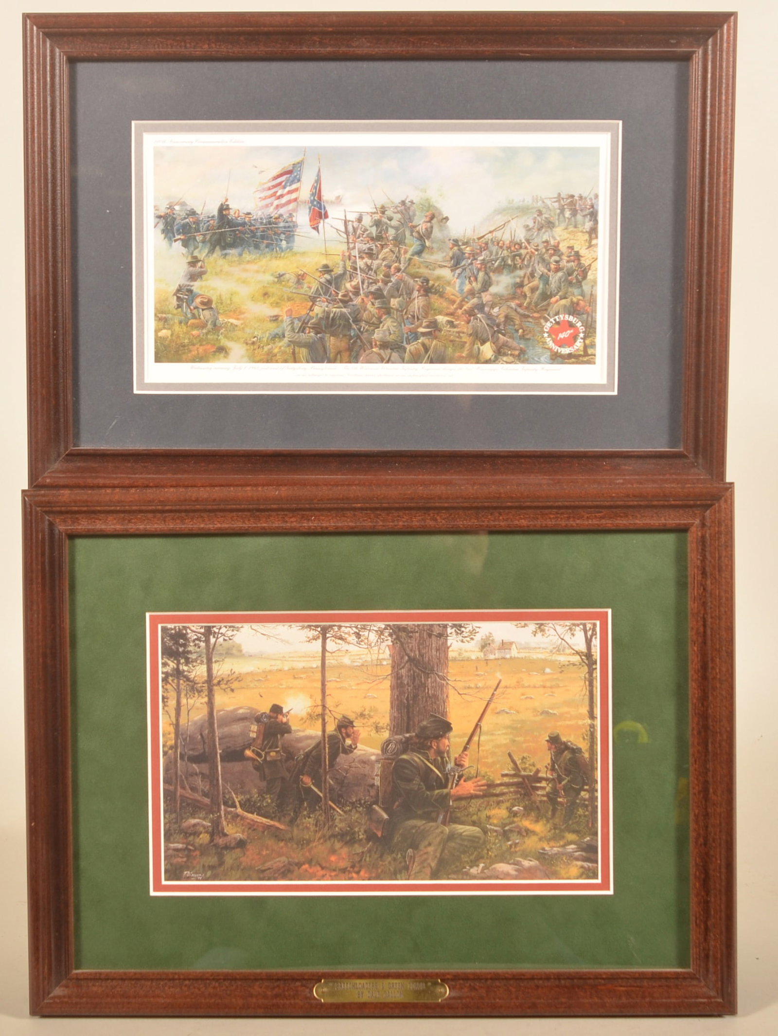 Dale Gallon Battle of Gettysburg Framed Prints: Two prints by Gallon. A 140th Anniversary print of the 6th Wisconsin charging the 2nd Mississippi at the unfinished railroad cut on the 1st day and a print celebrating the 2nd USSS and their role at P