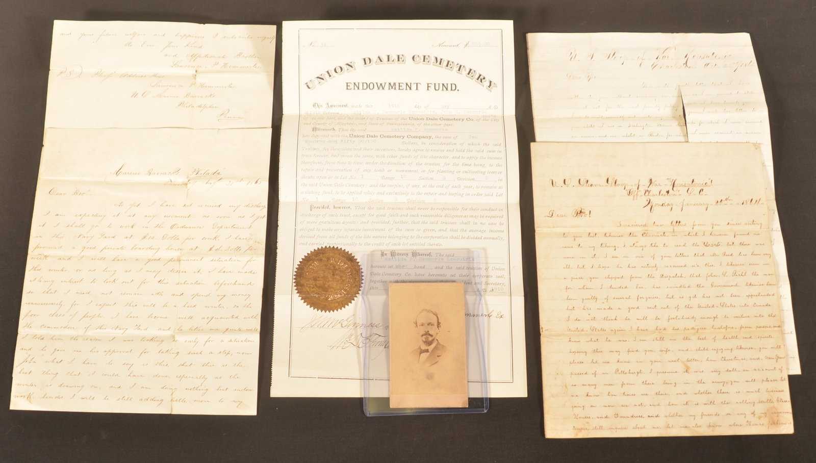USS Housatonic/CSS Hunley Civil War USMC Grouping: Three war date letters, post-war CDV and cemetery document related to Lawrence P. Hemmerle (1837-1907) who had initial 90 days service in a Pennsylvania regiment before re-enlisting in the United Stat