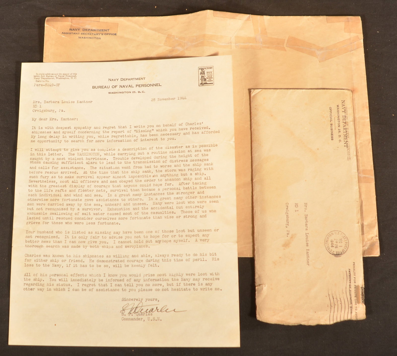USS Warrington WWII KIA Condolence Letter (1 of 1)