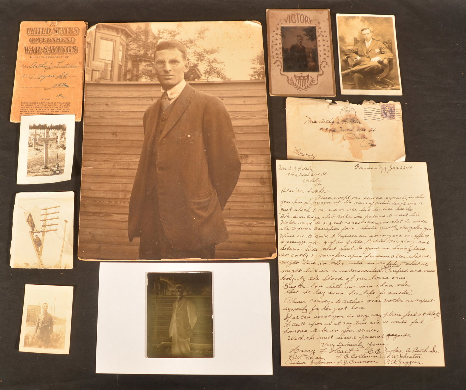 WWI 74th Engineer KIA Photo Grouping: Photo of the grave of Pvt. Arthur J. Futcher of the 74th Engineers who died 1/8/1919. Photo of him in uniform and pre-war photos. 1-page letter in ink, addressed to his wife, written by men he presuma