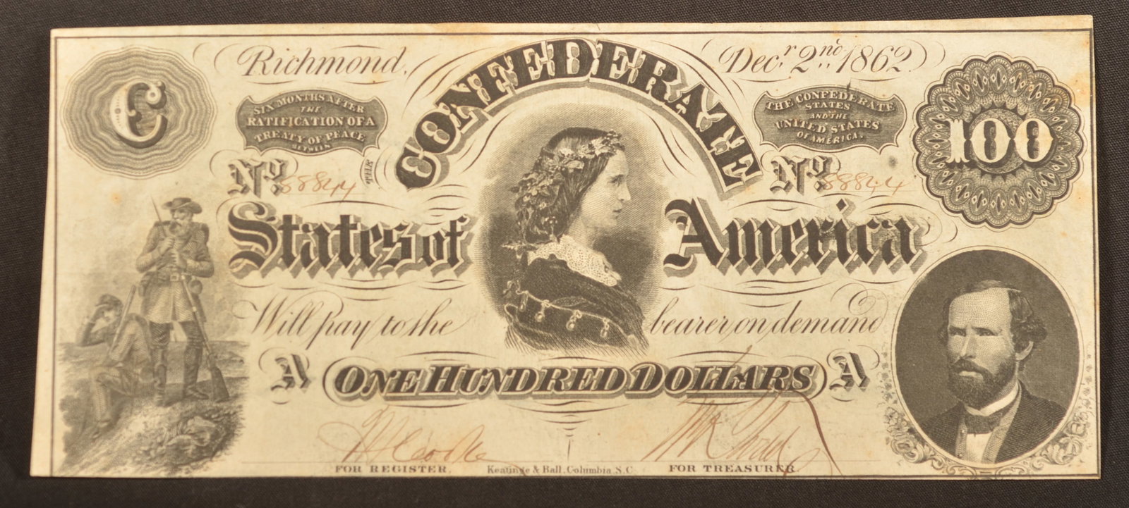 1862 Series $100 Confederate Lucy Pickens Note (1 of 2)