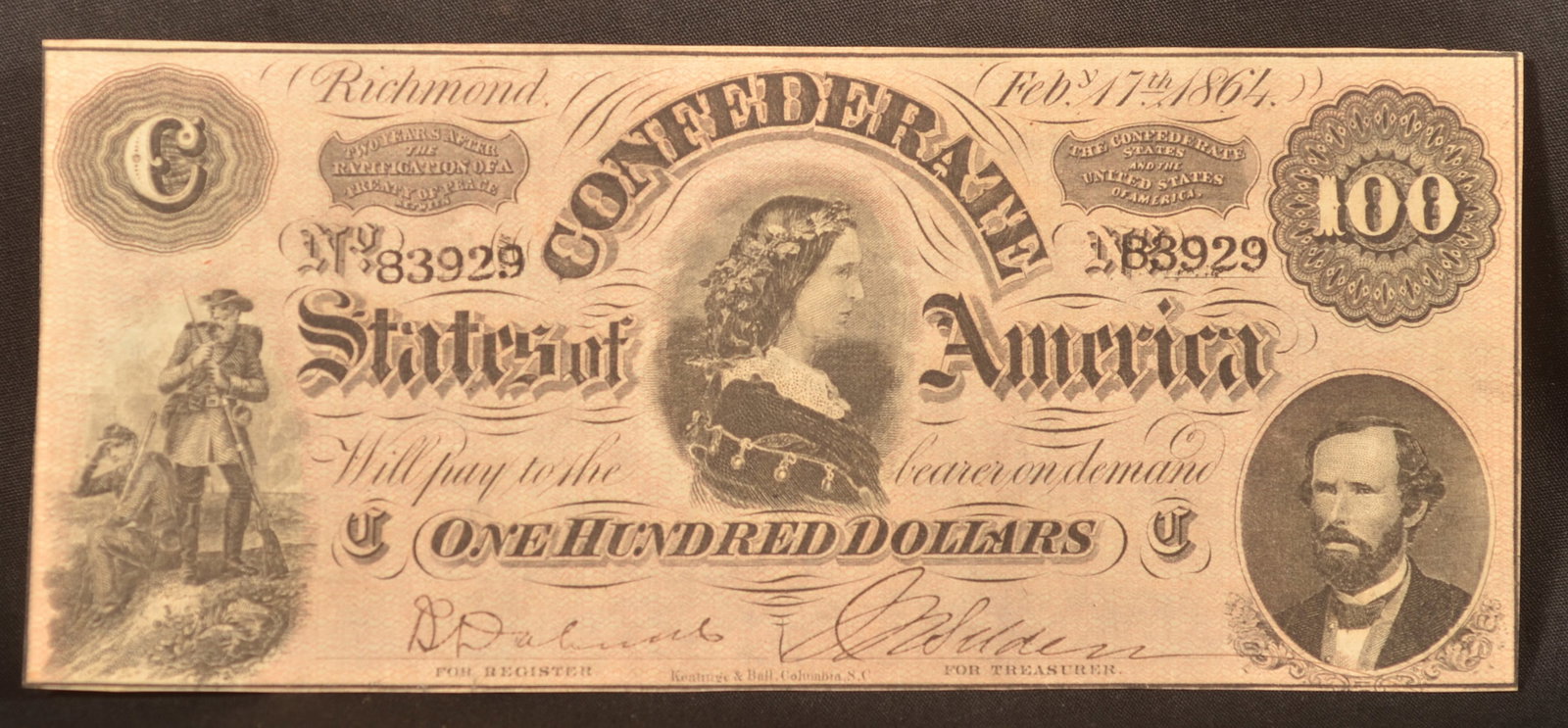 1864 Series $100 Confederate Lucy Pickens Note: Dated February 17th, 1864. The note is in very good condition. Provenance: The collection of Craig and Cynthia Wertz. 3"H x 7 1/4"W