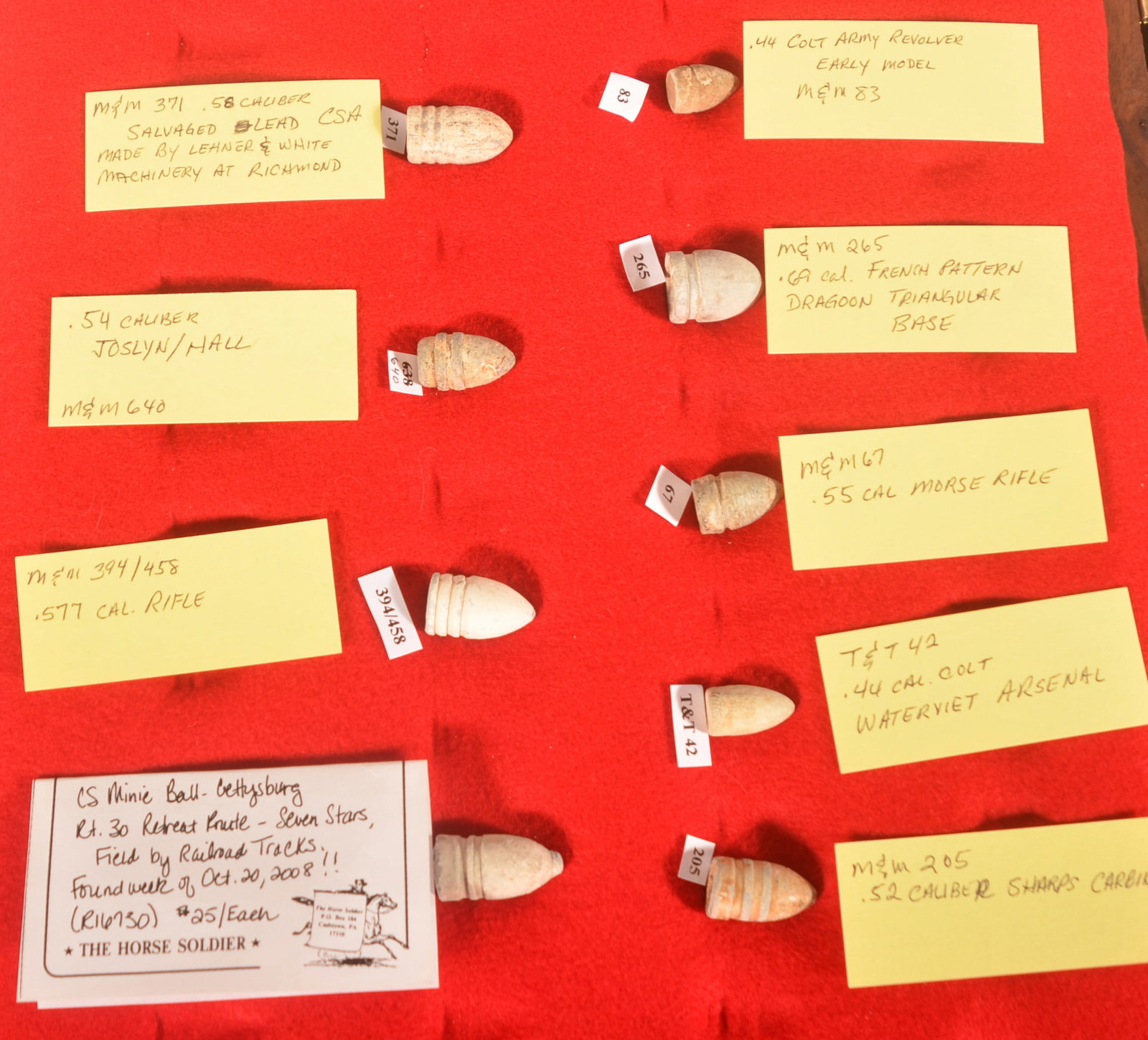 Collection Union & Confederate Civil War Bullets: Nice varied lot of nine bullets including a .52 caliber Sharps carbine, .44 caliber Colt Watervliet Arsenal, .55 caliber Morse Rifle, .69 caliber French pattern Dragoon Triangular base, .44 caliber Co