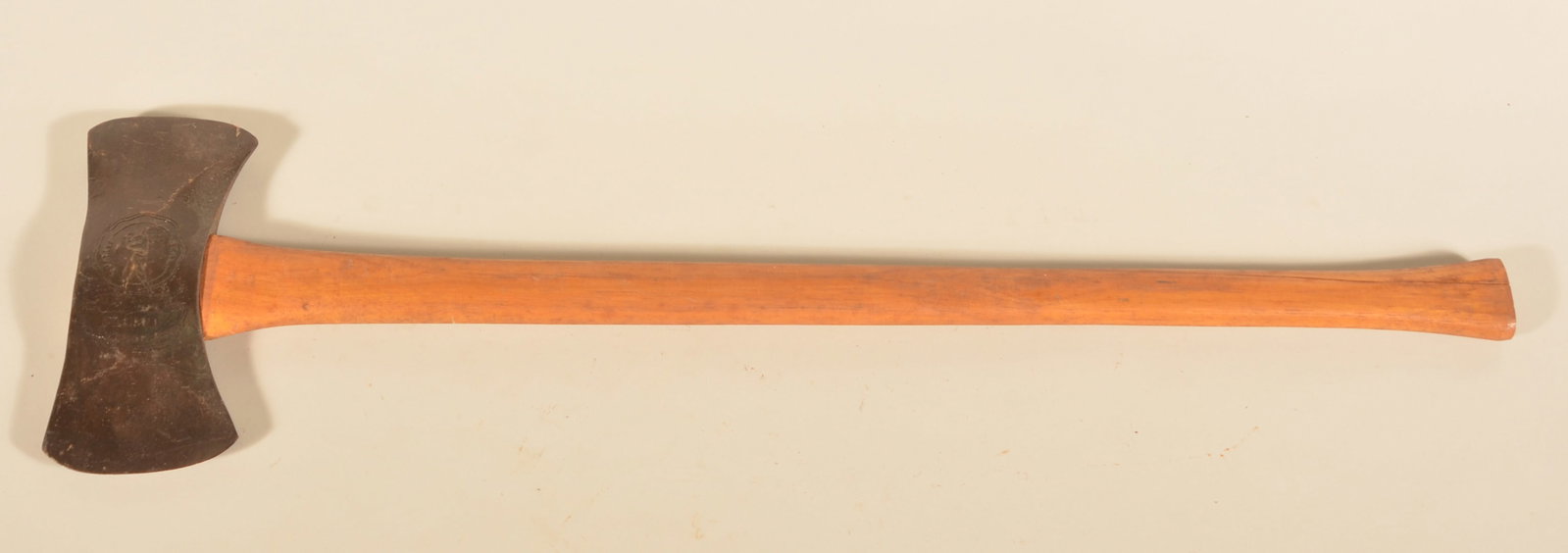 Double Bit Plumb Champion Axe: Nice strike with the words "Quality Seal" around the lumberjack. 34"L