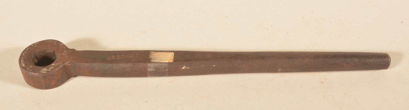 19th C. Signed J.F. Schmid Bolt Header: Used to fashion the head of a bolt. Signed twice. Found in central Pennsylvania. 14"L